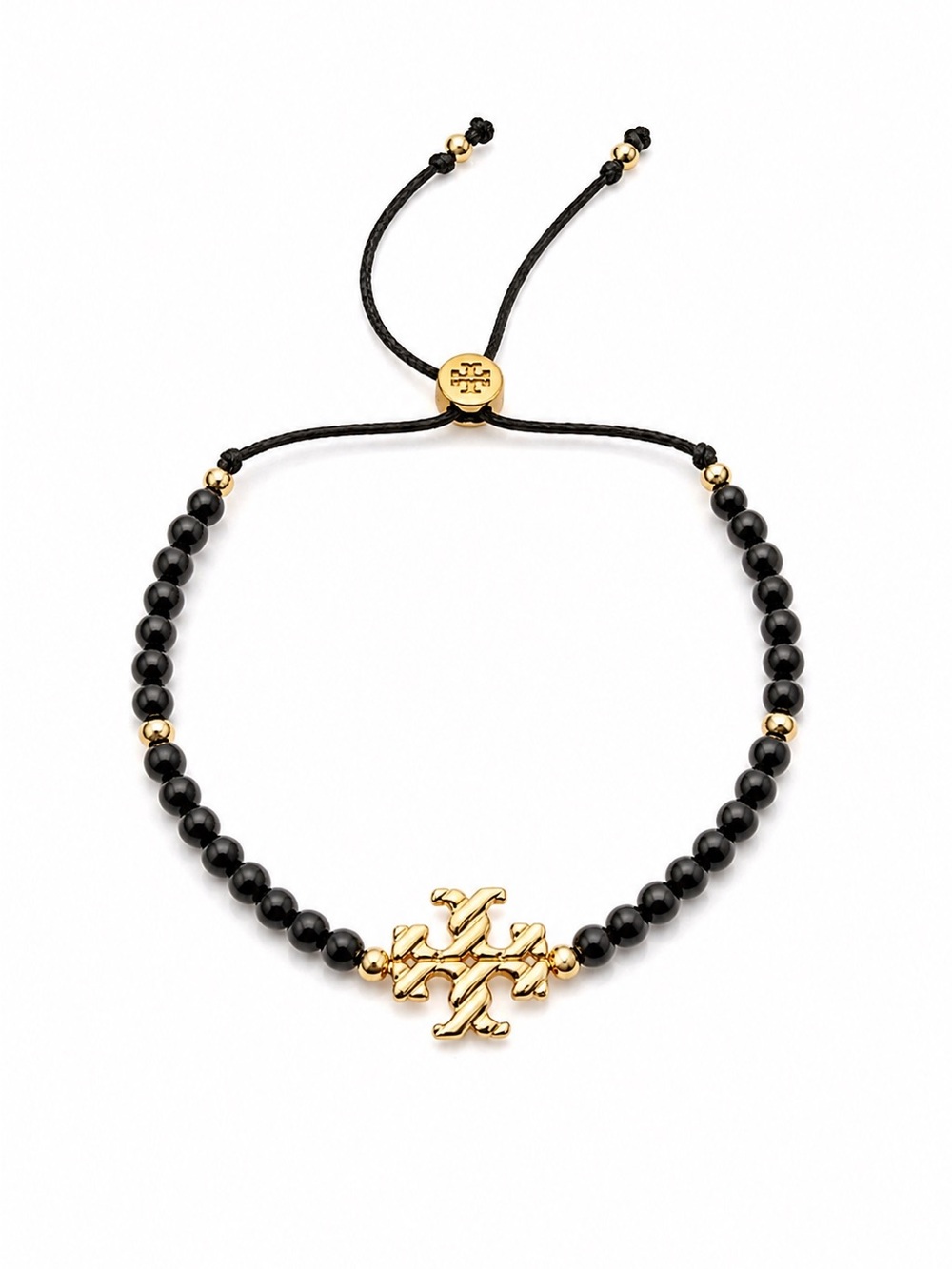 Tory Burch Black Beaded Bracelet with Gold Logo Charm